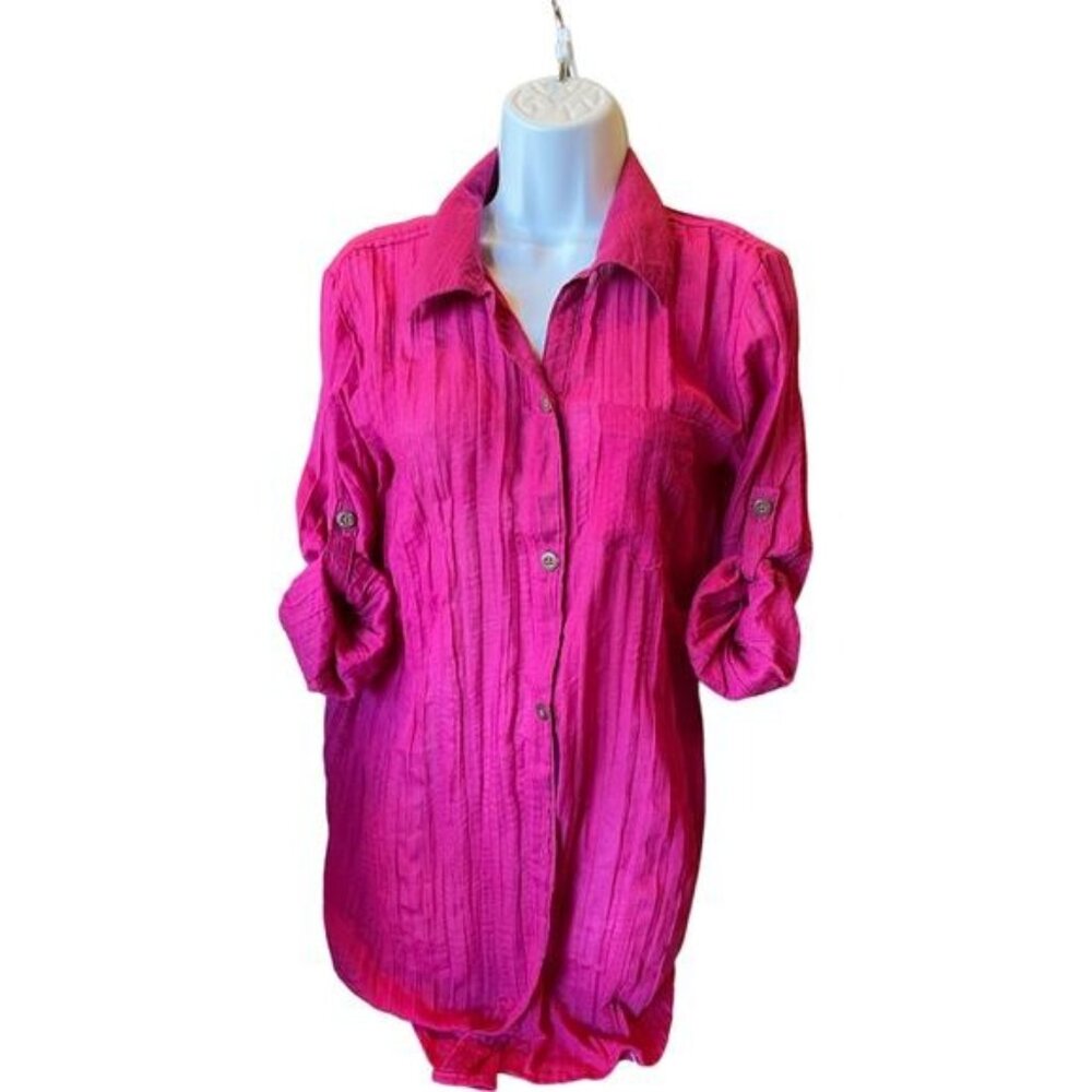 Pink Textured Button-Down Shirt By Mynah S Cotton Roll-Tab Sleeves Lightweight